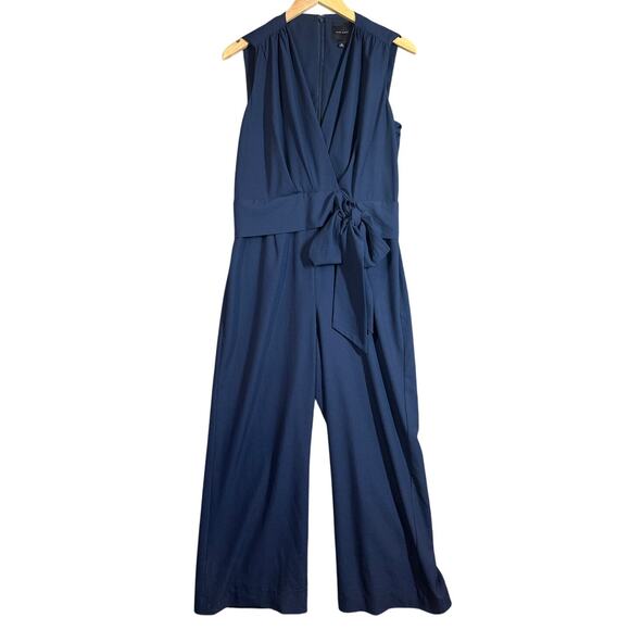 Alex Marie Navy Blue Jumpsuit Tie Waist Faux Wrap Wide Leg Sleeveless 12 - Picture 1 of 10